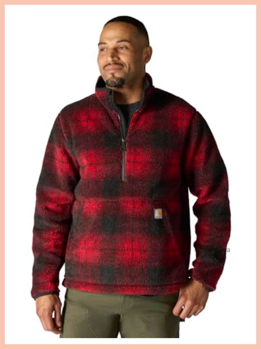 Loose Fit Fleece Pullover 1/4 Zip Plaid Work Utility Outerwear